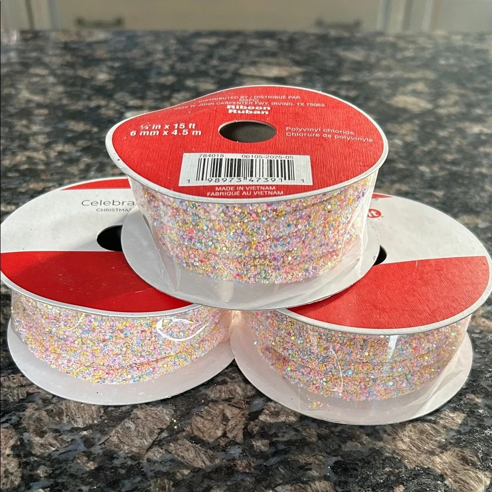 CELEBRATE IT IRIDESCENT MULTI COLOR GLITTER RIBBON 1/4 x15 FT LOT OF 3 NWT